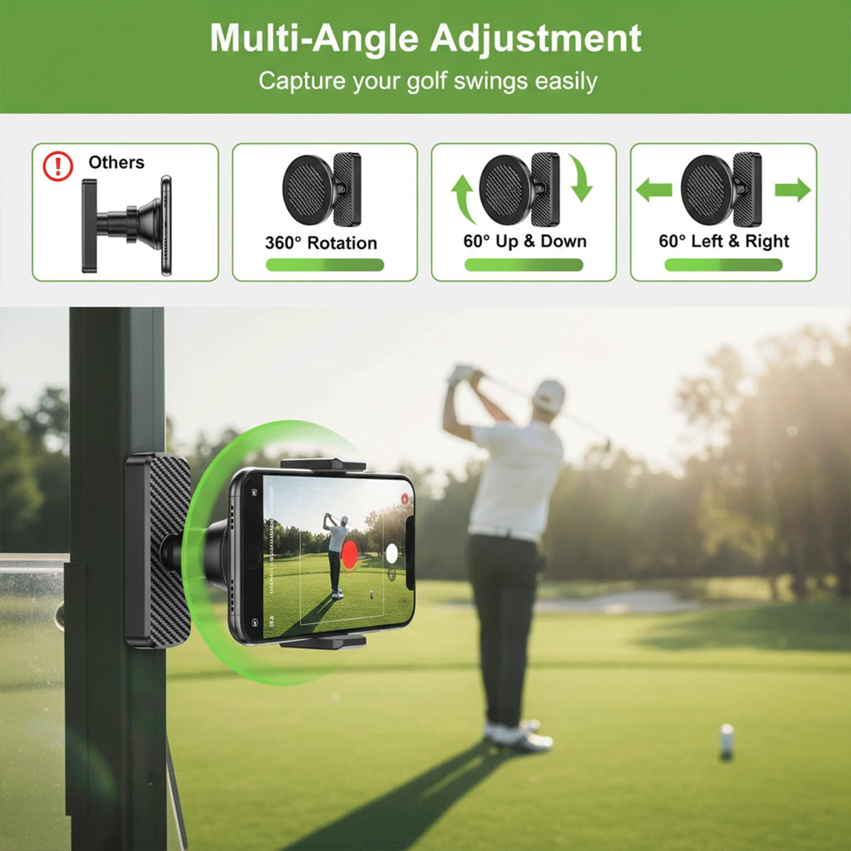 Vintly 360-degree rotation enables portrait or landscape use on the course.