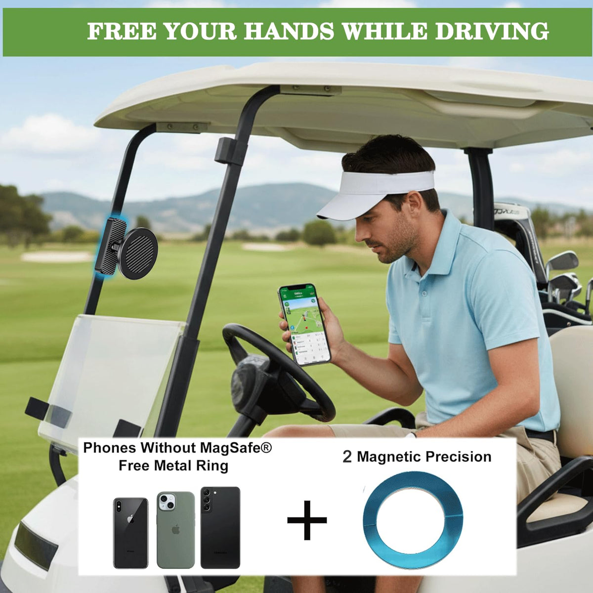Vintly universal phone holder works with MagSafe iPhones and Android via ring.