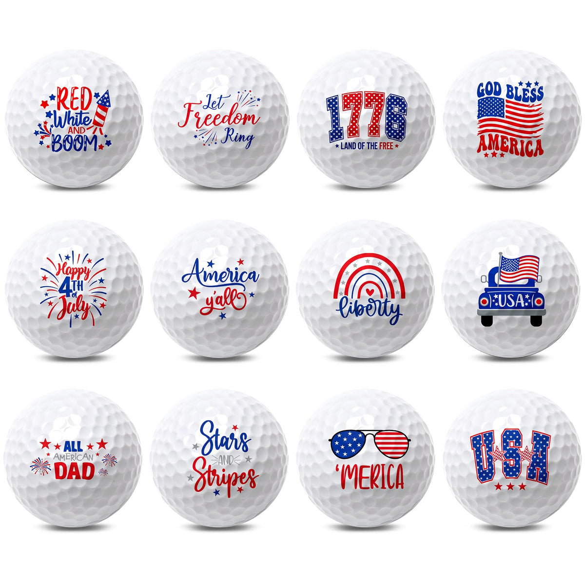 VioraWhite patriotic golf balls collection with twelve unique designs for Independence Day play.