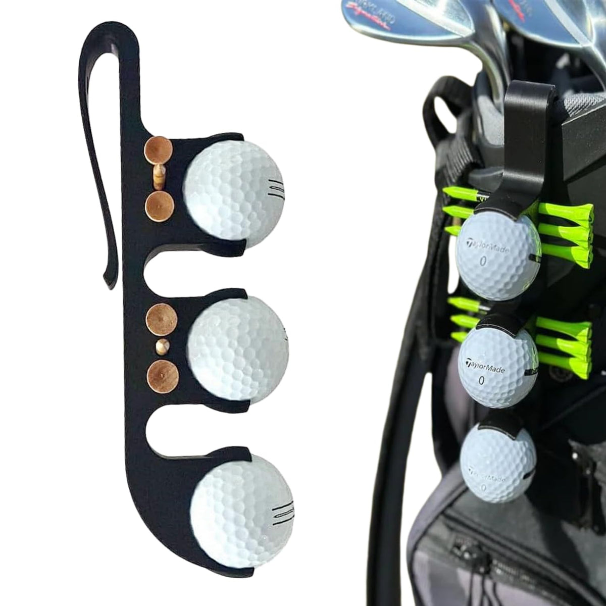 Virsomier 2-in-1 golf ball and tee holder clipped to bag for quick on-course access.