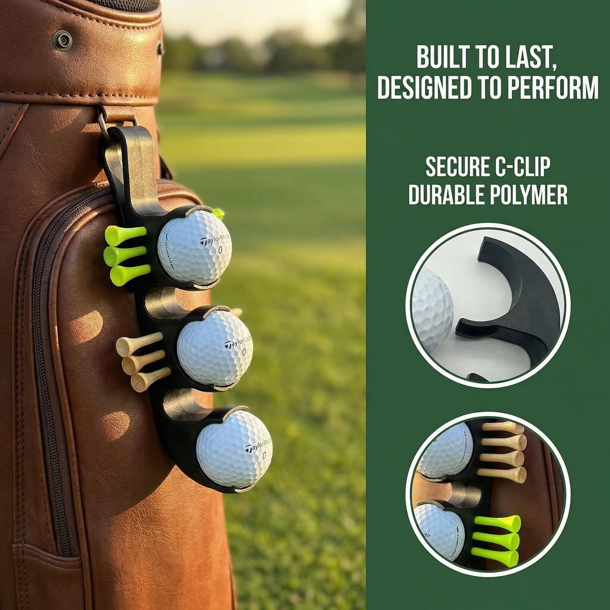 Virsomier clip-on golf ball and tee holder attached to belt for easy reach.