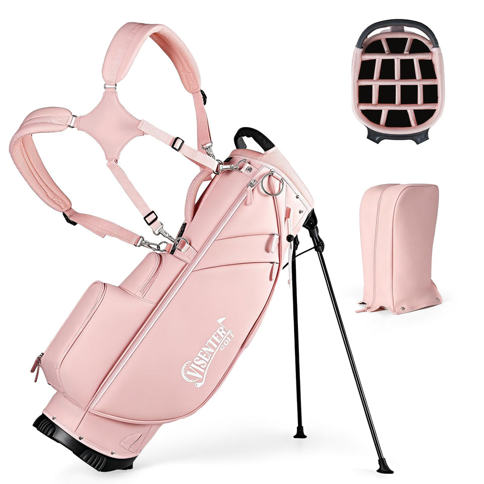Visenter 14-way pink golf bag with top opening showing organized club layout and accessibility.