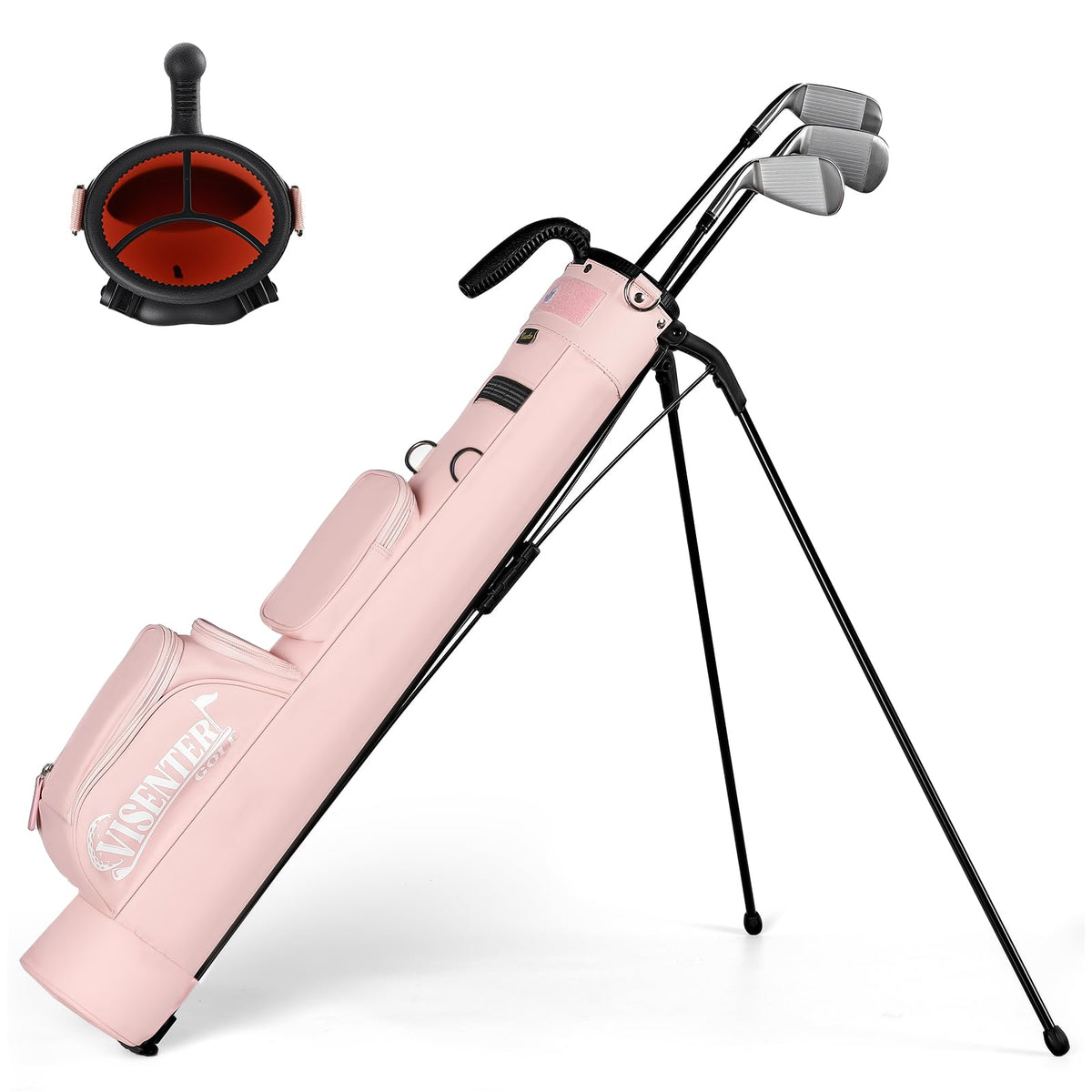 Visenter 3-Way Sunday Golf Bag for Women in pink shows an organized layout for easy club selection.