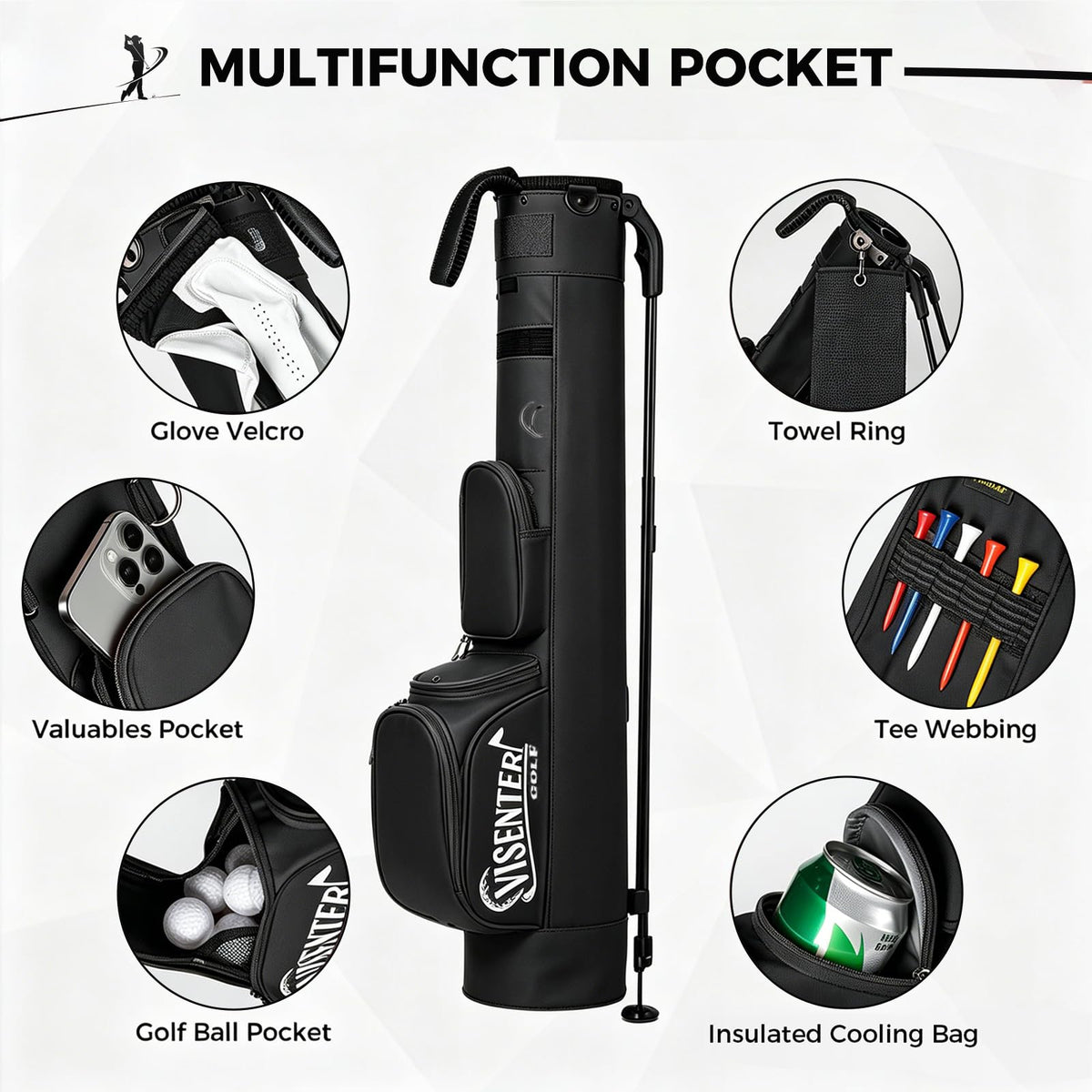 Visenter bag with cooler pocket preserves drinks between holes.