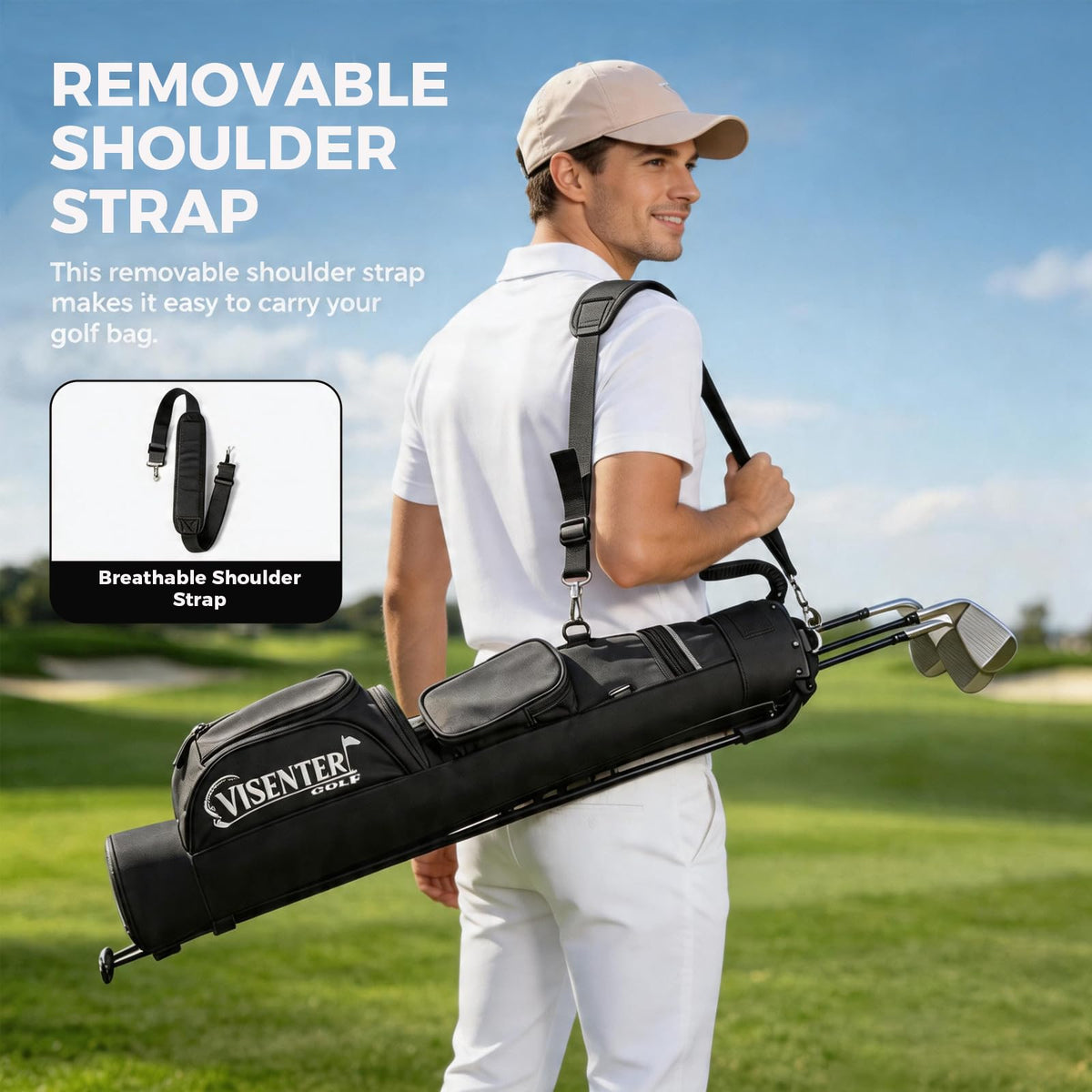 Visenter deluxe bag with adjustable shoulder strap eases transport on trips.