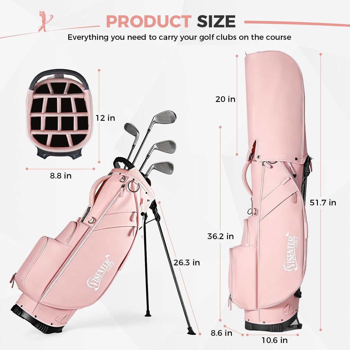 Visenter pink women's golf bag featuring umbrella holder for rainy rounds.