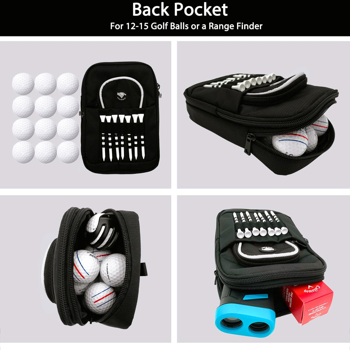 Back pocket of VIVA EAGLE bag holds 12–15 balls or a range finder