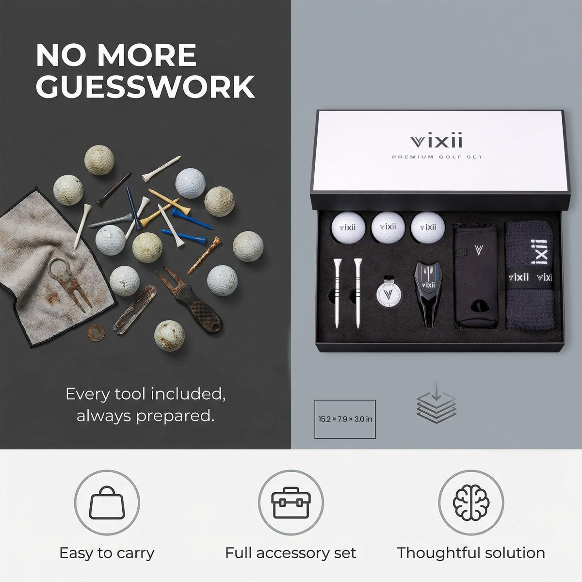 All-in-one VIXII set neatly packed in a compact golf bag