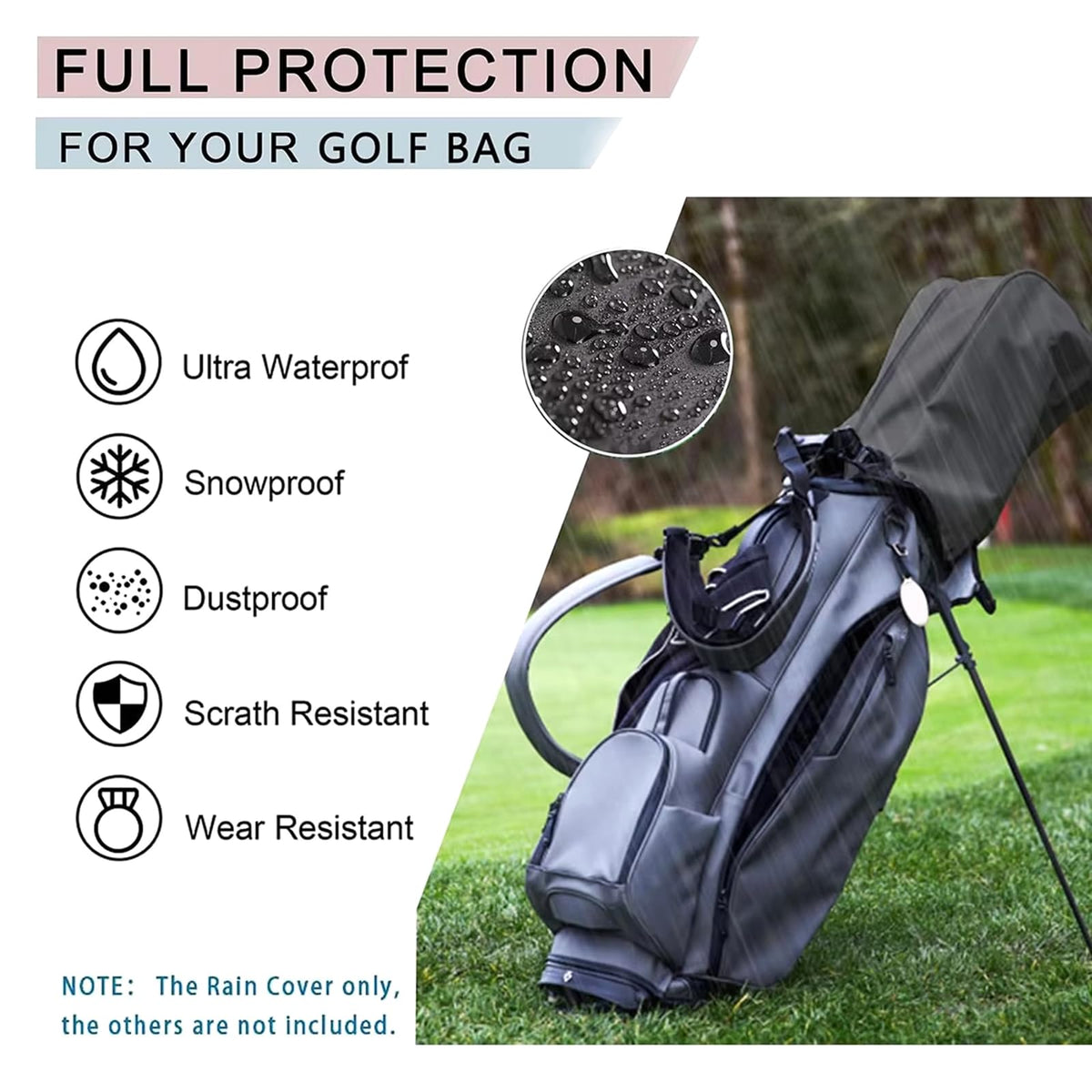 VLSQHNCF zipper-sealed rain cover for easy club access.