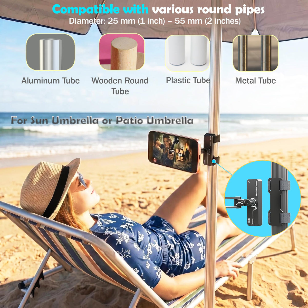 VMEI tube clamp fits 25–45 mm round bars for golf carts and patios.