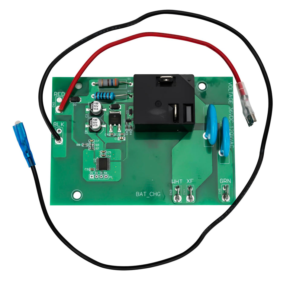 VODCACA EZGO 36V charger board front-angle showing robust build for cart power