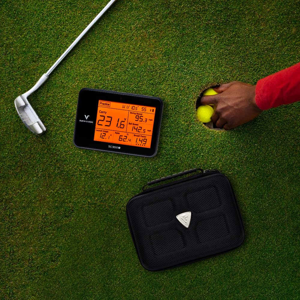 Voice Caddie SC300 carrying hard case textured exterior resists scrapes during travel.