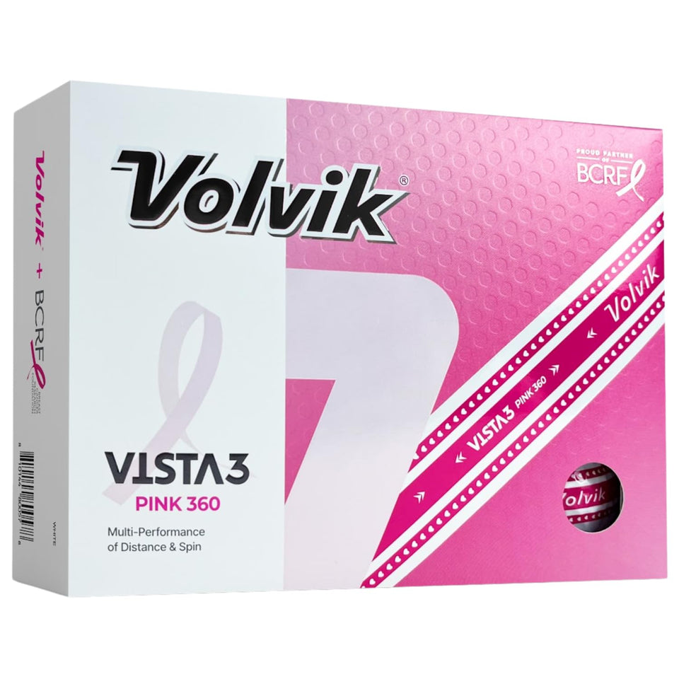 Volvik BCRF golf balls on the tee with breast cancer awareness theme for clear visibility.
