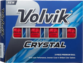 Volvik Crystal Ruby Red golf balls in flight with vibrant visibility for easy tracking.