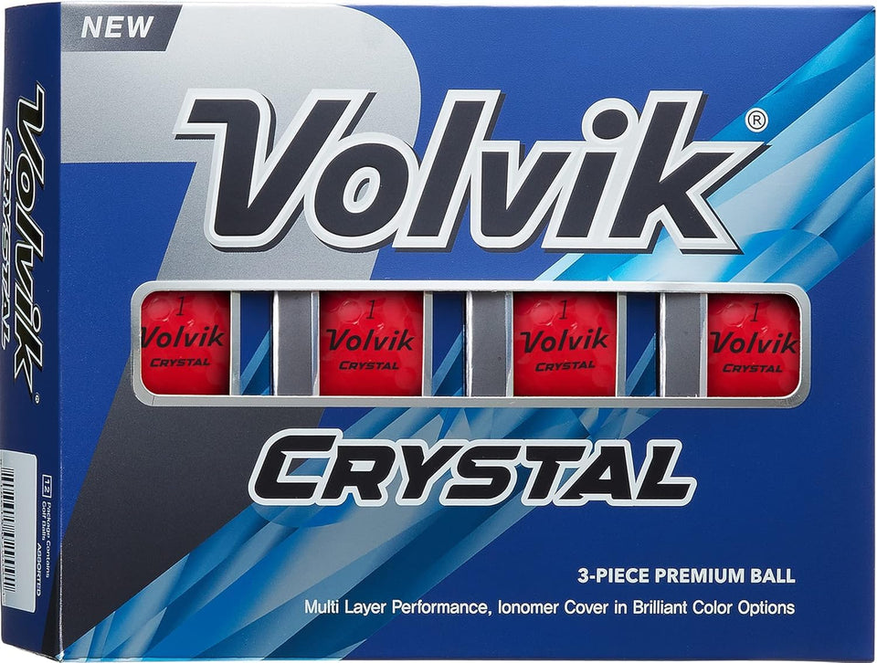Volvik Crystal Ruby Red golf balls in flight with vibrant visibility for easy tracking.