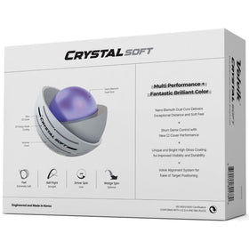 Volvik Crystal Soft ball resting on tee showing soft feel and glow.