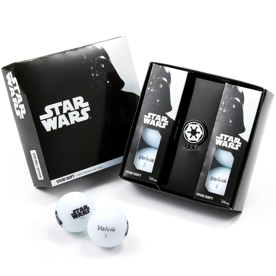 Volvik Darth Vader golf ball packaging shown as a gift-ready six-pack.