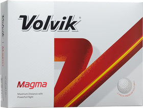 Volvik Magma golf balls white, box front view, high-distance feel for long drives.