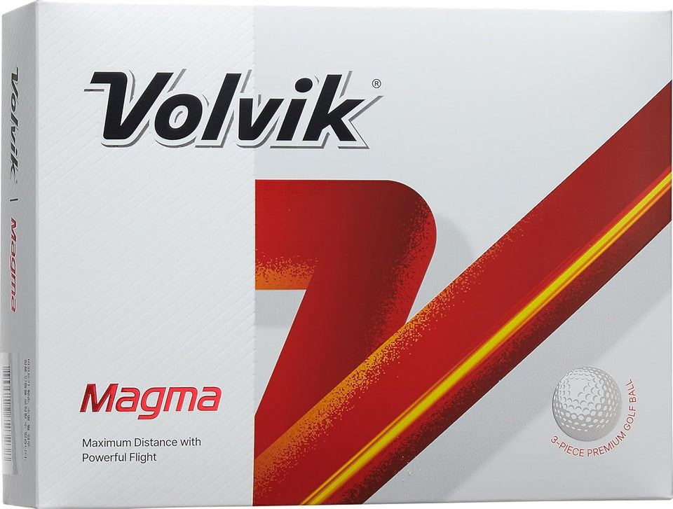 Volvik Magma golf balls white, box front view, high-distance feel for long drives.