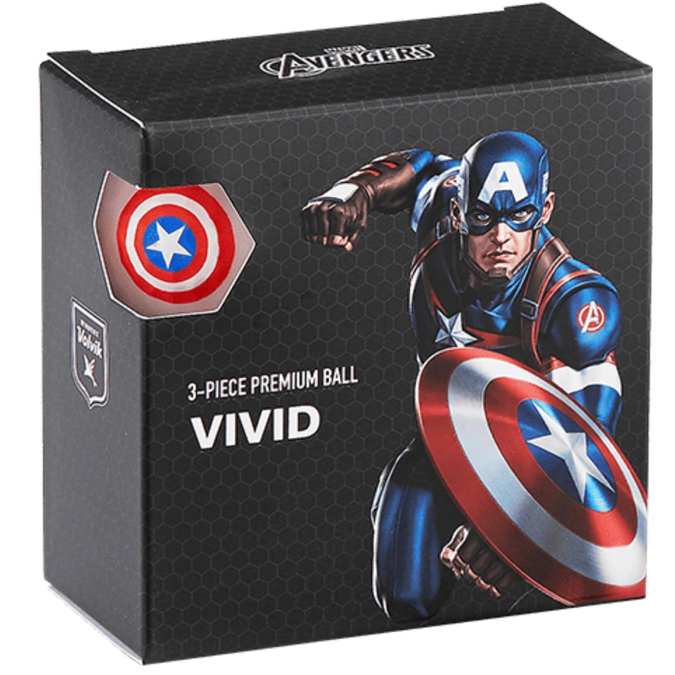 Volvik Marvel ball front view with Captain America design for high visibility on the course