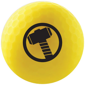 Volvik Marvel Thor golf balls matte finish close-up with glare reduction.
