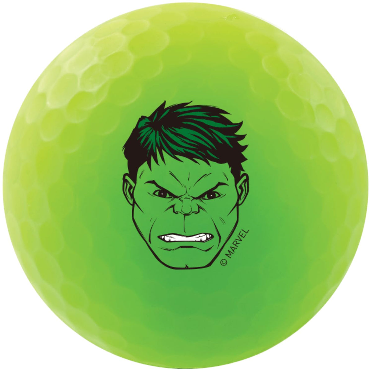 Volvik Marvel Hulk green ball in flight shows vivid color and reduced glare.