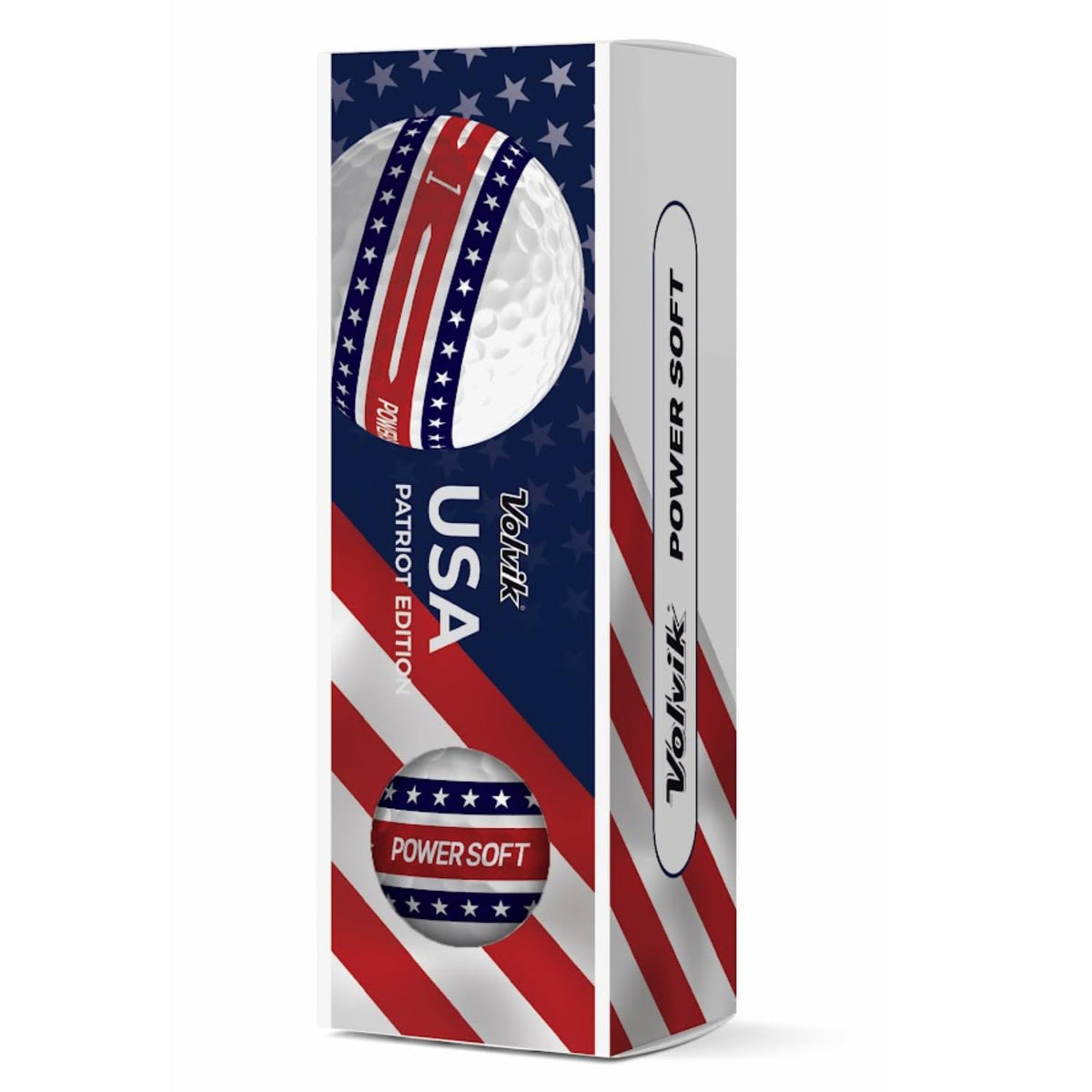 Volvik Patriot Edition golf ball side view showing bold colors for quick identification.