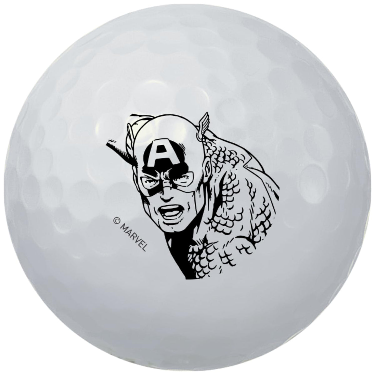 Volvik Power Soft Avengers Dozen image highlights official Marvel branding on glossy white balls.