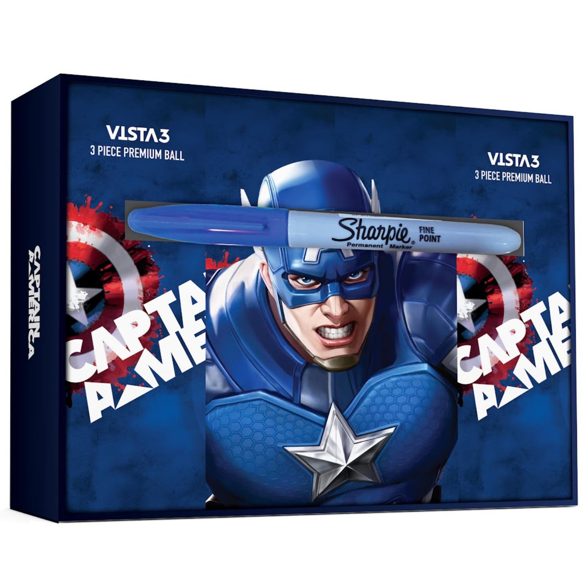 Volvik Vista3 Captain America golf ball back view showcasing vibrant graphics