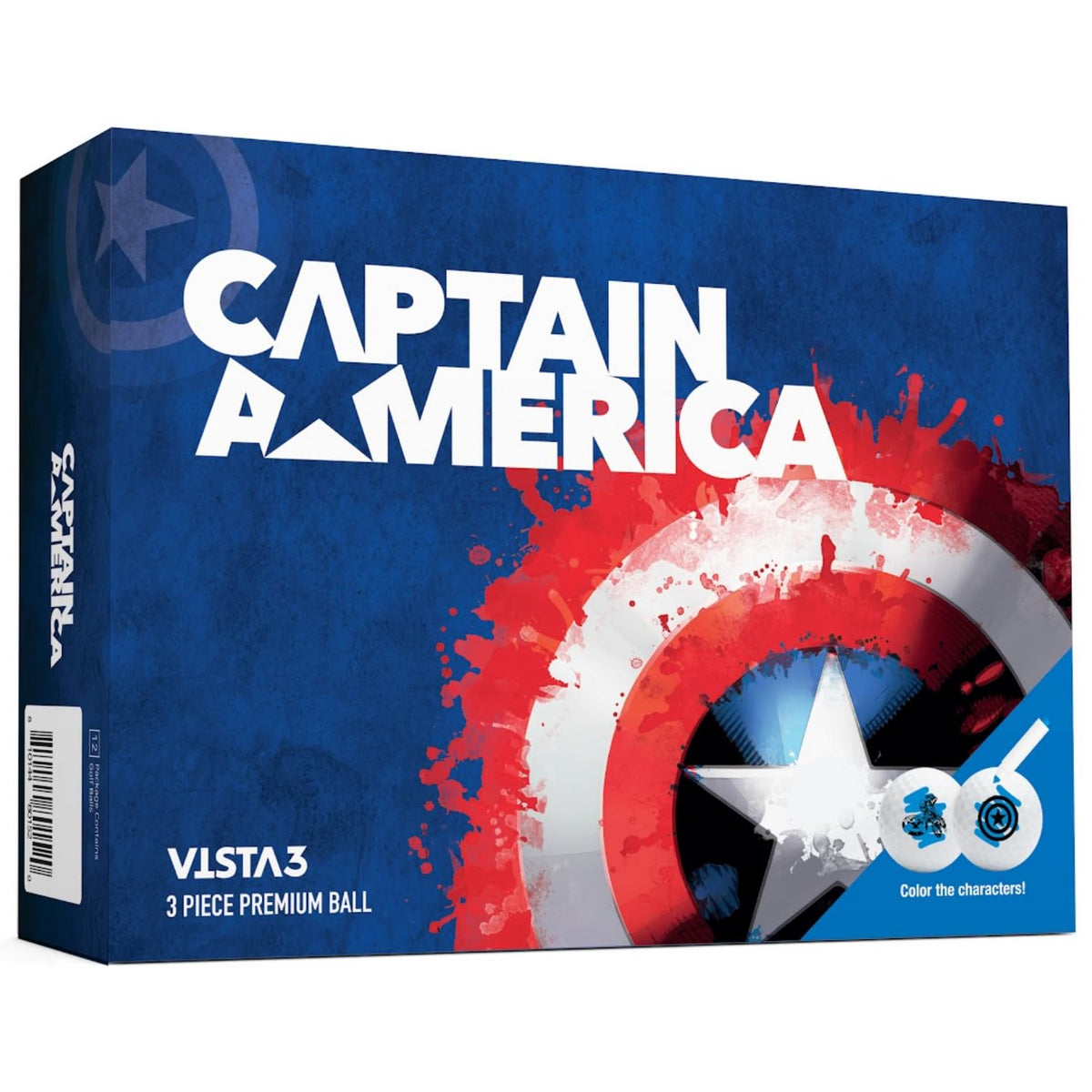 Volvik Vista3 Captain America golf ball front view with high-visibility Marvel design