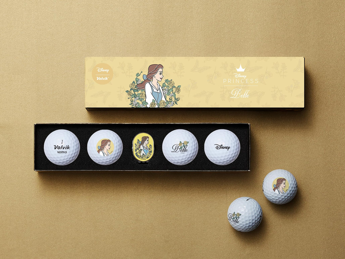 Close-up of Belle artwork on Volvik Vista3 ball, vibrant design.