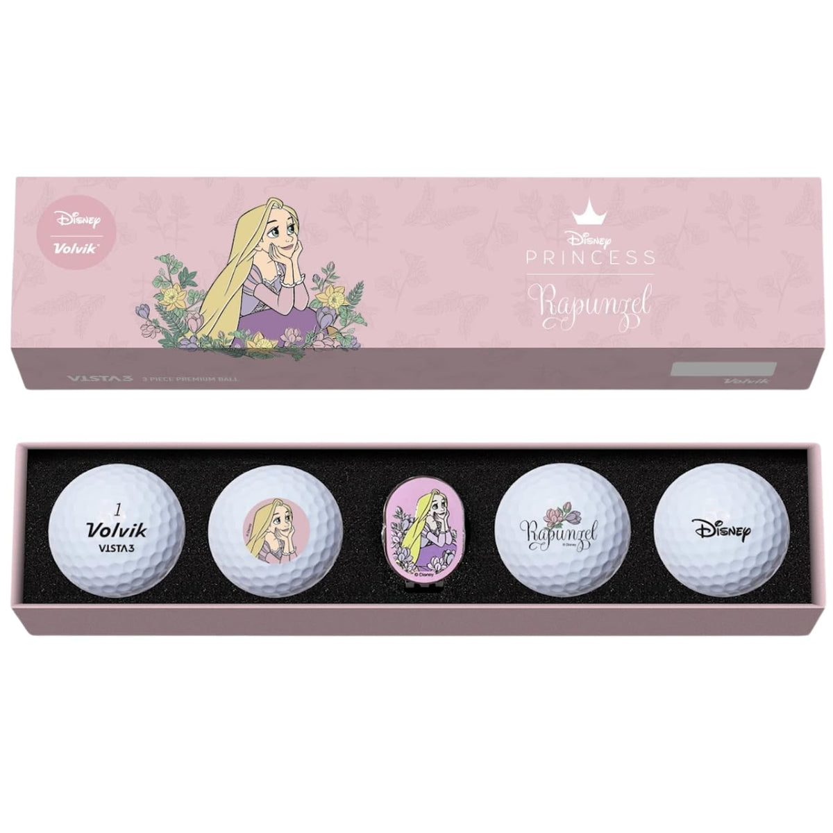 Volvik Vista3 Rapunzel ball artwork on white ball for high visibility on the fairway.