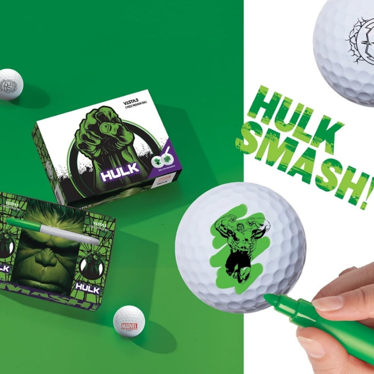 Hulk graphic close-up on Volvik Vista3 ball for themed rounds