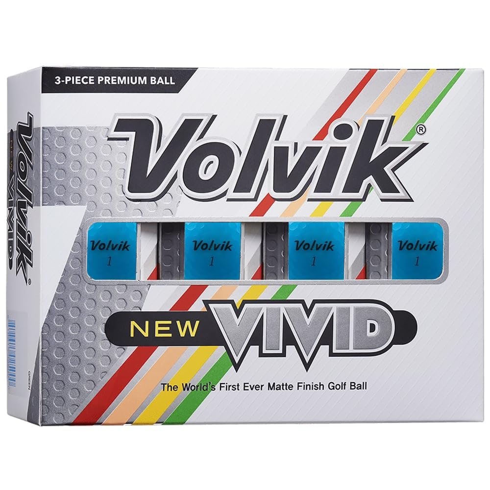 Volvik Vivid matte blue golf balls in a pack for high visibility.