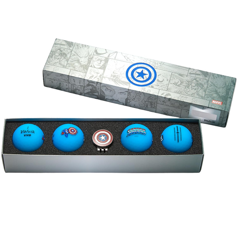 Volvik Vivid Marvel Captain America ball design for bold on-course visibility.