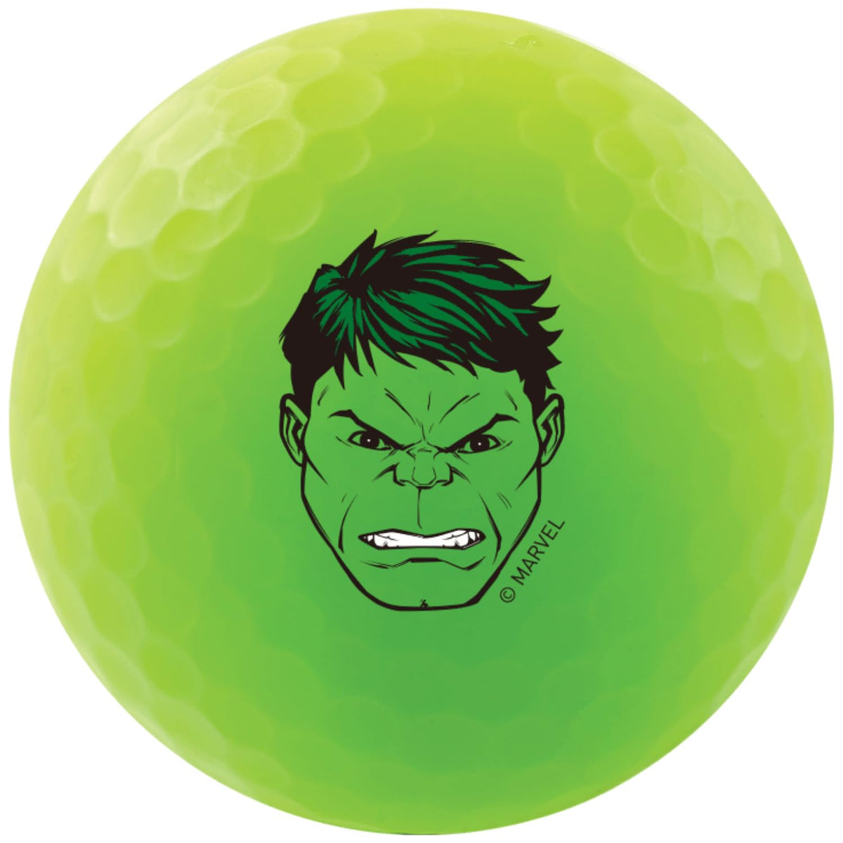 Volvik Vivid Marvel Hulk ball closeup showing bright colors for on course visibility