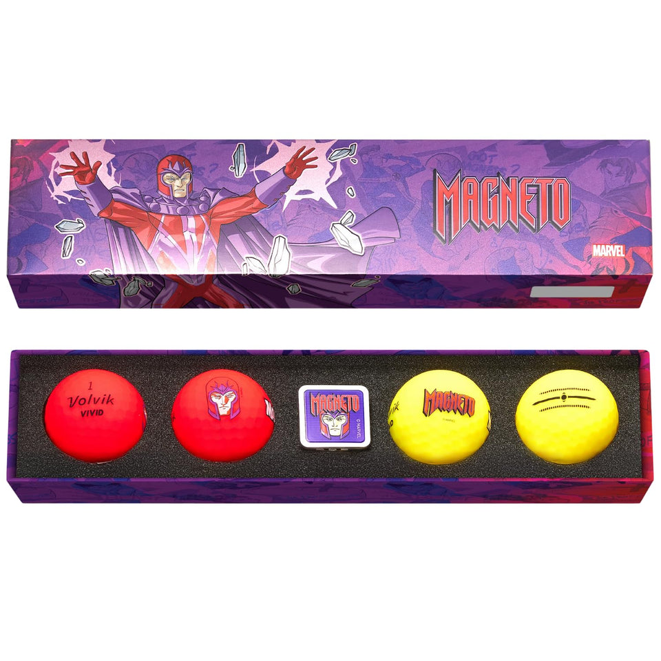 Volvik Vivid Marvel Magneto 4-pack in a gift box, perfect for fans and golfers.