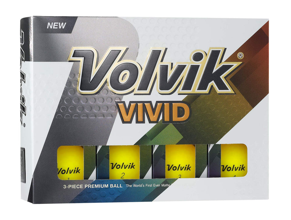 Volvik Vivid matte yellow golf ball front view, high visibility for daytime play