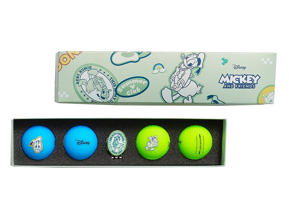 Volvik Vivid Soft Disney golf ball set featuring Donald Duck for enhanced visibility.