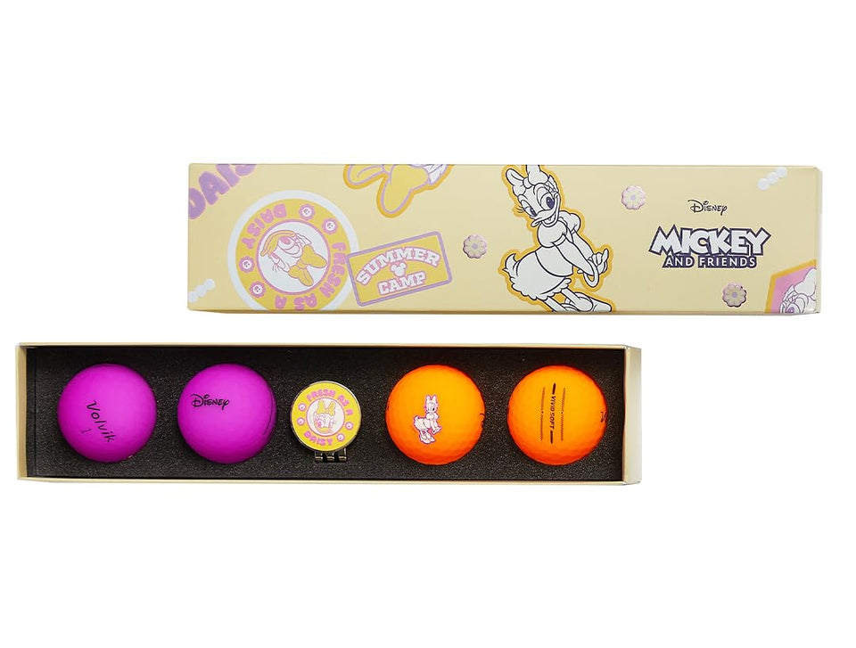 Volvik Vivid Soft Disney Daisy Duck golf balls design enhances on-course visibility.