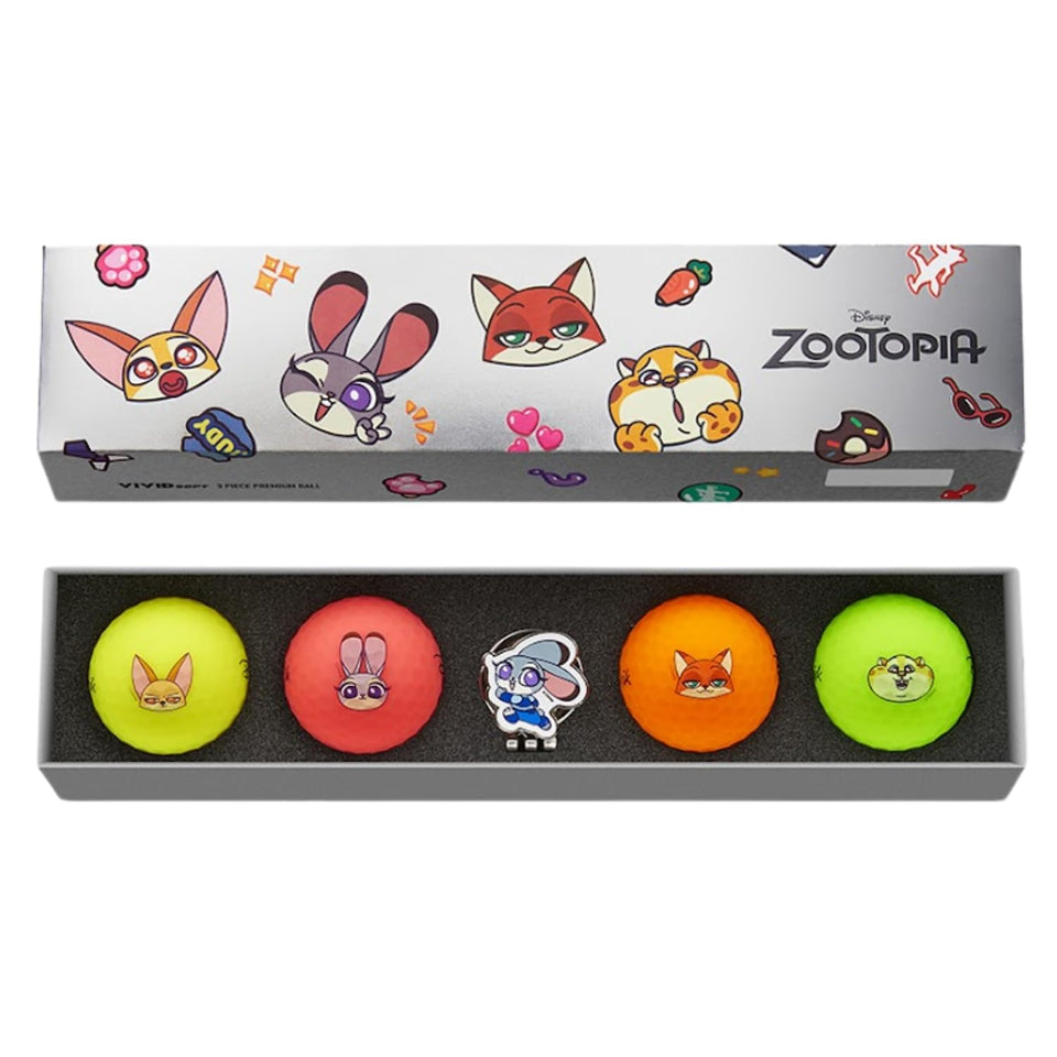 Volvik Vivid Soft Disney golf balls Zootopia 4-pack on display highlighting soft feel and collectible design
