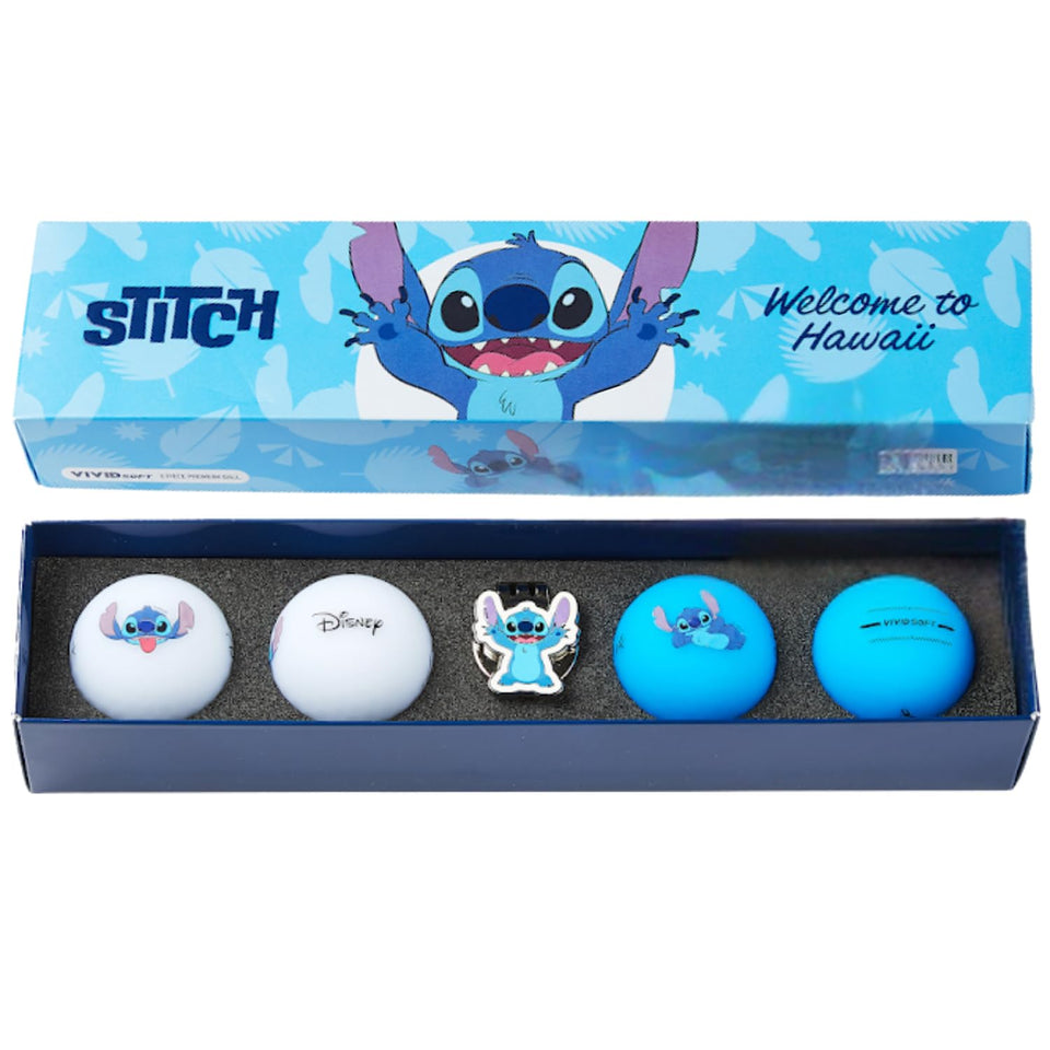 Volvik Vivid Soft Stitch golf balls pack with Disney artwork for vibrant visibility.