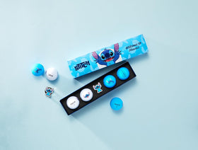 Closeup of Stitch graphics on Volvik Vivid Soft ball, premium soft feel.
