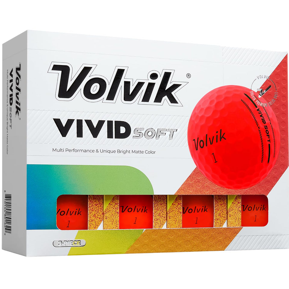 Volvik Vivid Soft Red golf balls pack shot highlighting bold color option for visibility