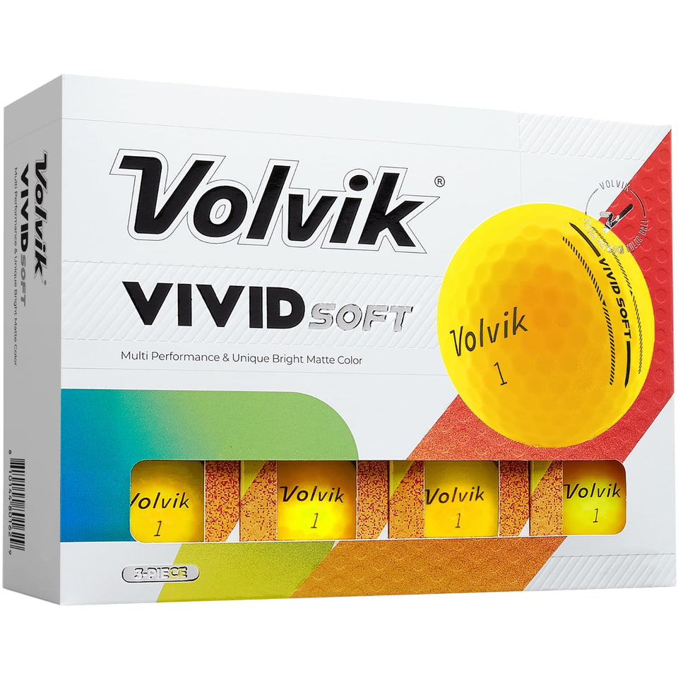 Volvik Vivid Soft Golf Balls yellow pack-front showcases vibrant color for easy on-course visibility.