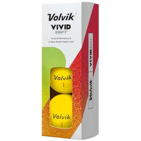 Volvik Vivid Soft Golf Balls yellow pack-side highlights durable I2 cover boosting control.