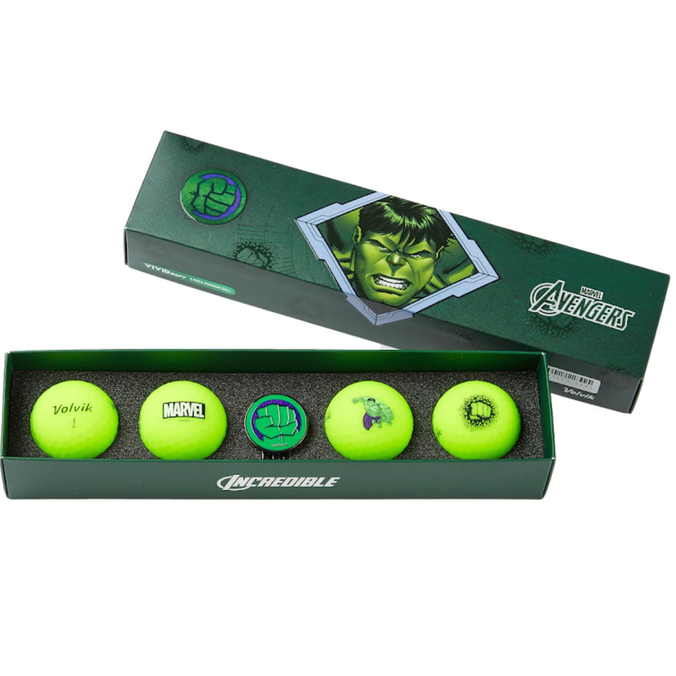 Volvik Vivid Soft Marvel golf balls 4-pack with Hulk graphics for high visibility.