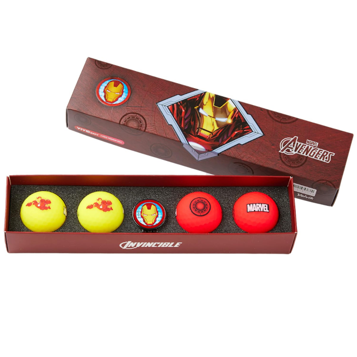 Volvik Vivid Soft Marvel golf balls front view with Iron Man graphics for visibility