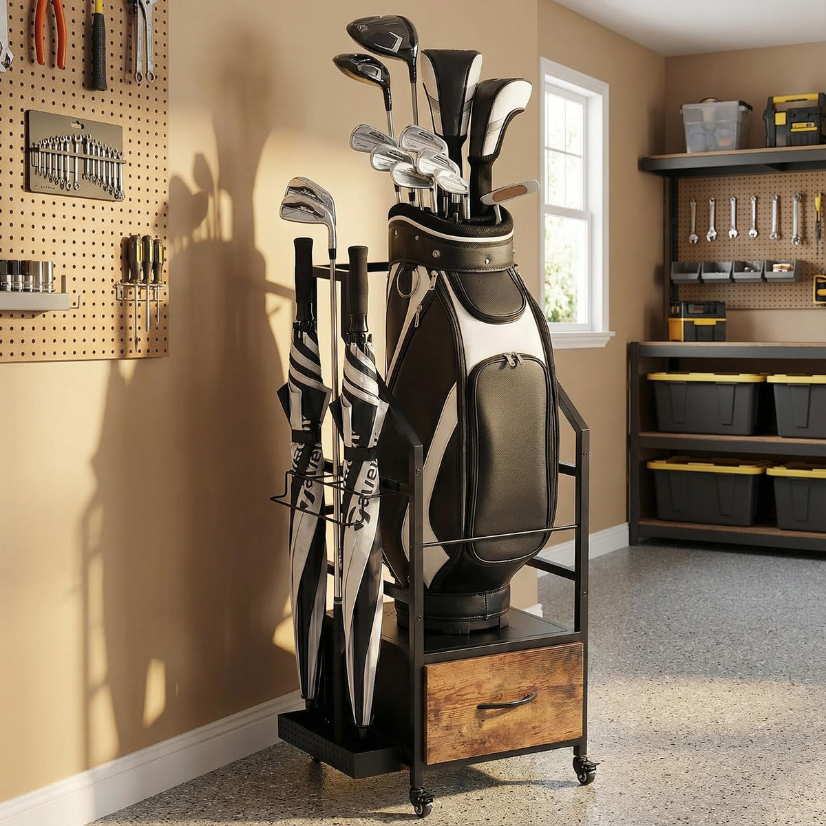 VonDream garage golf storage stand neatly holds single bags and clubs