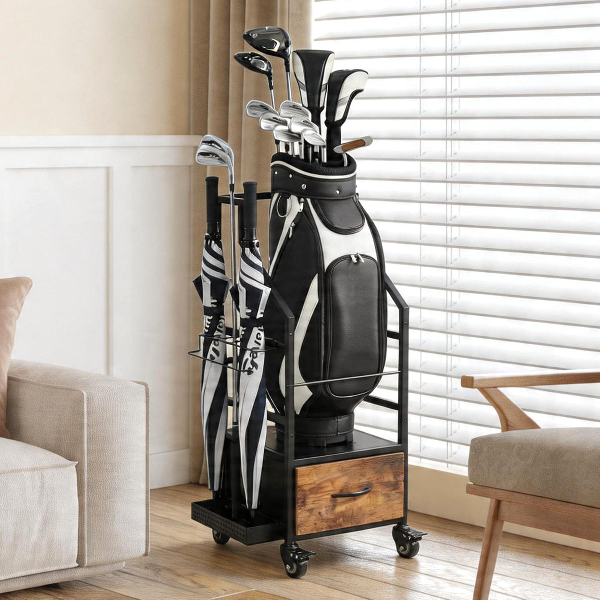VonDream golf bag organizer with wheels enables easy garage maneuverability